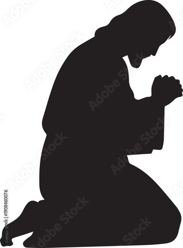 Jesus christ on his knees praying to his father silhouette graphic illustration line art vector