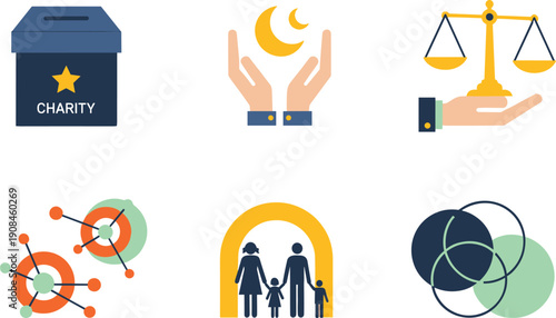 WebSet of flat vector icons featuring charity box moon and stars justice scales family unity and abstract connection symbols for community support concepts