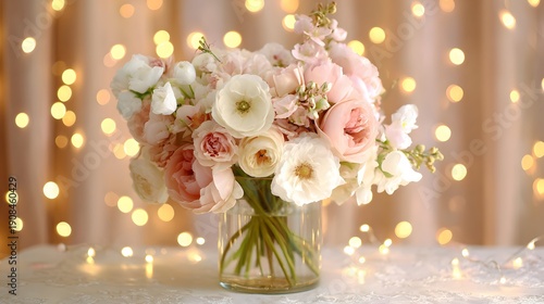 Elegant Pastel Flower Arrangement with Soft Bokeh Lights.
