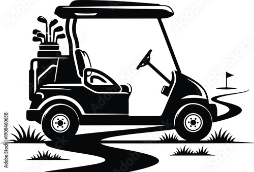 Black and white graphic illustration of a golf cart with golf clubs in the back driving on a path with grass and a flag in the distance