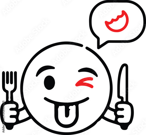 Hungry emoji face winking with fork and knife, thinking about food, delicious meal concept, simple line art icon