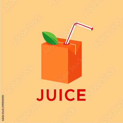 Minimalist illustration of an orange juice box with a straw and a green leaf on a light background, featuring the word 'JUICE'.