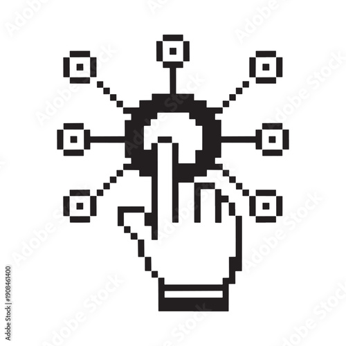 Pixelated hand touching a network of connected squares