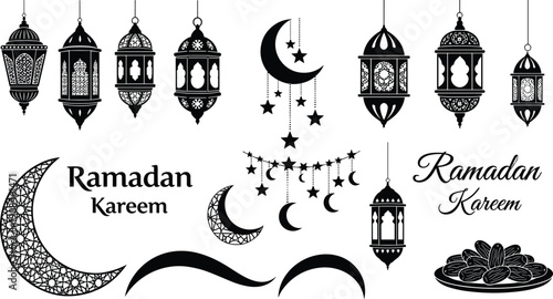 WebLarge collection of black ramadan kareem decorative elements featuring various lantern silhouettes crescent moons stars and a plate of dates isolated on white background