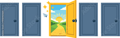 A conceptual depiction of one open door amid many closed ones, representing success, opportunity, and the unexpected moment that arrives after patience, preparation, and persistence