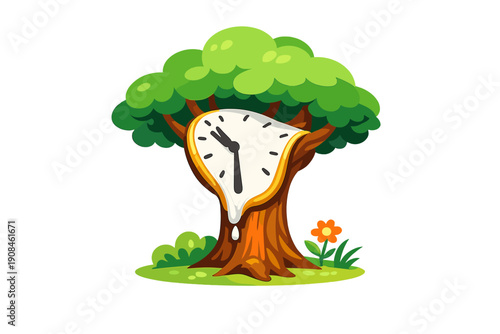 An illustration showing a metaphorical scene where objects unexpectedly merge—a clock melting into a tree, symbolizing the link between time and nature, rendered in vibrant yet gentle colors
