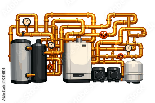 A sleek industrial boiler room features a maze of polished copper pipes and contemporary heating equipment, with warm lighting highlighting the metallic surfaces to create an unexpectedly aesthetic