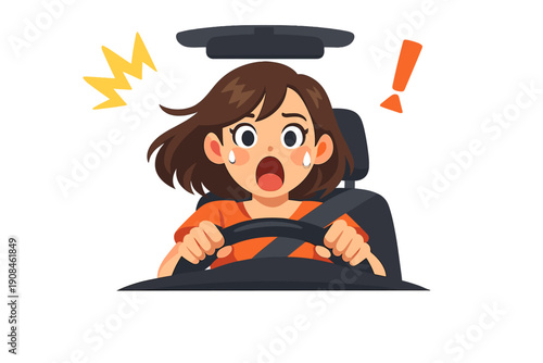 A young woman, visibly shocked, is driving a car
