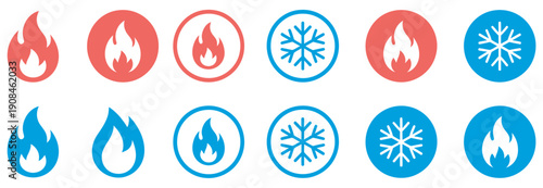 Fire and snowflake, temperature indicator icons, hot versus cold concept, modern vector graphics, climate symbol, energy management illustration, flat design