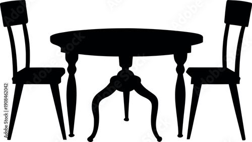 Classic round dining table with two chairs silhouette