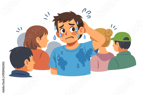 A bashful man sweats unexpectedly in a bustling crowd