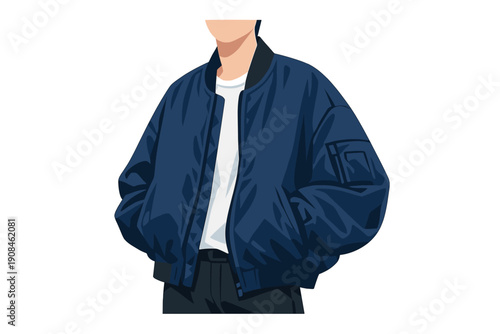 The dark blue bomber jacket is stylish yet oversized, featuring a surprisingly fitting cut