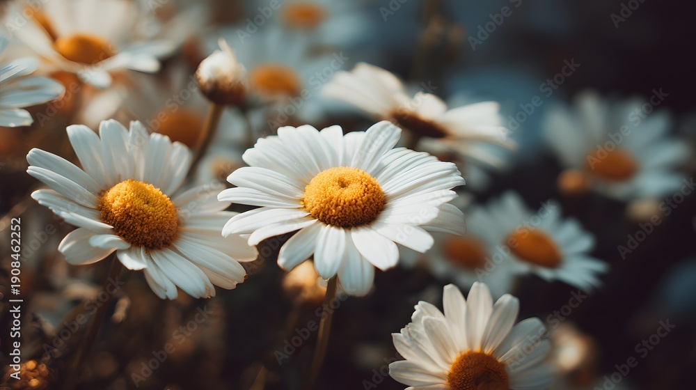 Fototapeta premium Close-up of delicate white daisies with vibrant yellow centers blooming in a garden.