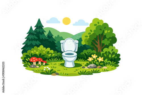 A toilet unexpectedly stands in the middle of a lively forest clearing