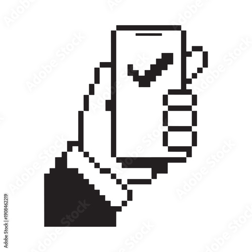 Pixelated hand giving a thumbs up while holding a smartphone
