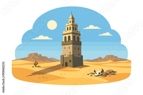 A colossal edifice unexpectedly stands solitary amid a wide, dry desert, creating a surreal tableau