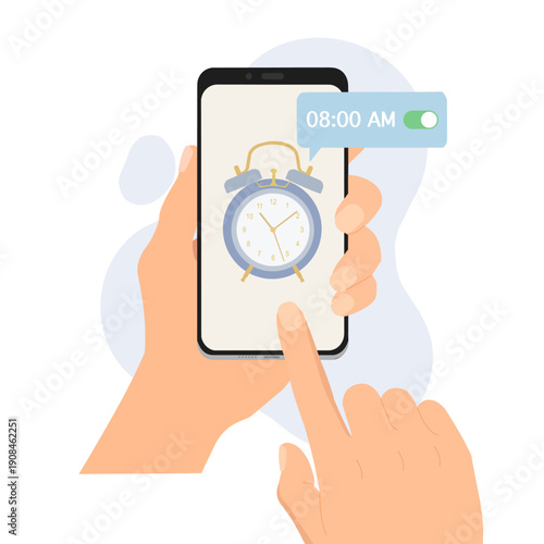 Hand holding smartphone with alarm clock, wake up time setting. Watch timer notification