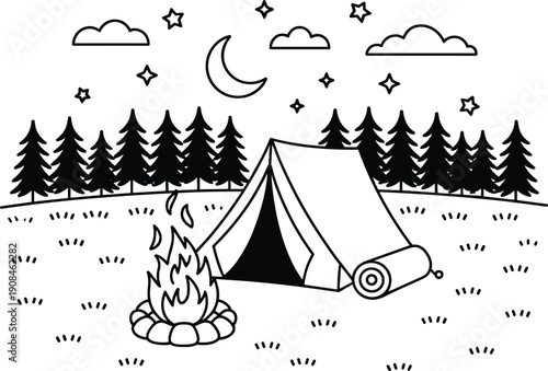 A black and white of a tent with a campfire in a forest under a starry night sky trees stars