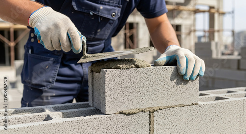 Mason applying cement with trowel, hands in gloves placing concrete bricks, realistic texture highlights craftsmanship and building under construction background