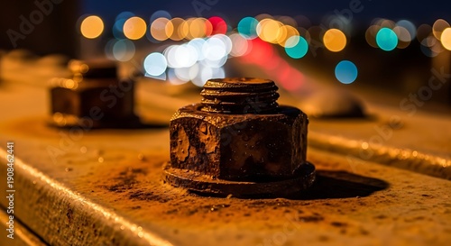 Wallpaper Mural Rusty Bolt on Metal Surface with Bokeh Lights. Torontodigital.ca