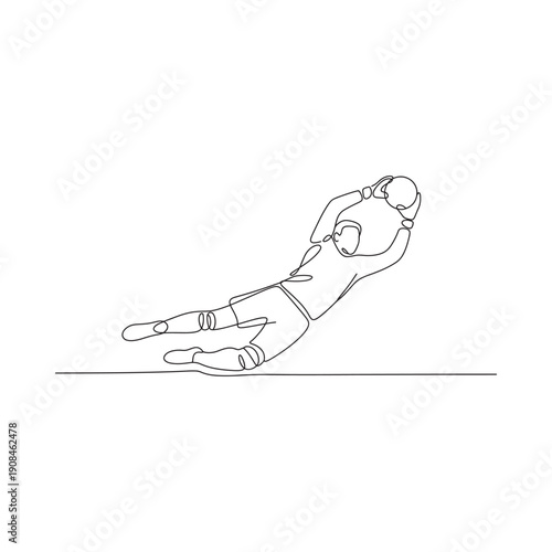 A dynamic single line drawing depicts a goalkeeper in the midst of a save