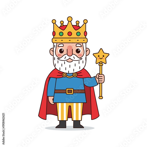 Cute Cartoon King Character Holding a Star Wand, Wearing Crown and Royal Cape