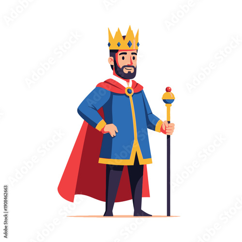 Cartoon King with Crown and Scepter, Royal Character Illustration