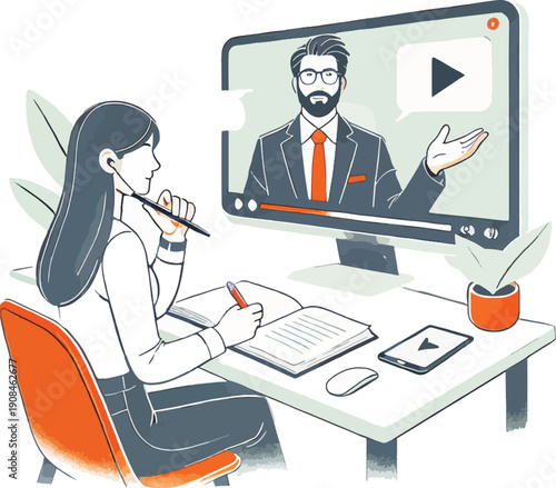 Woman studying online with video lecture and notes