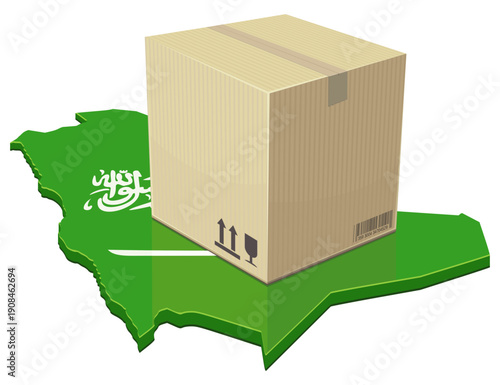 International trade and delivery services in Saudi Arabia featuring a cardboard parcel over the national map for e-commerce and supply chain concepts. (cut out)