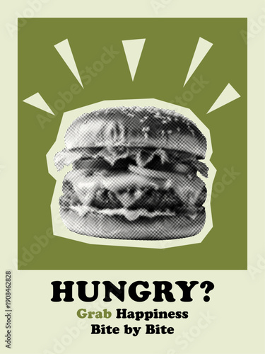 fast food advertisement with hamburger on vibrant green background retro pop-art style poster vintage grunge cut-out dotted halftone collage element dining restaurant design