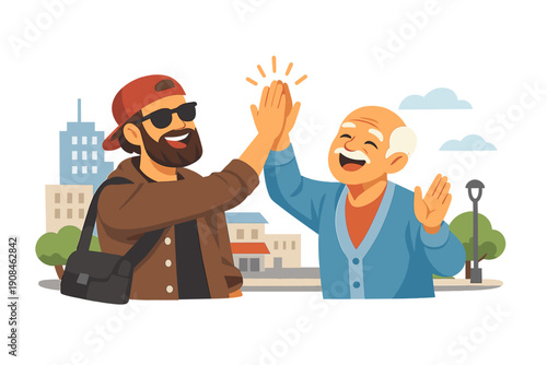 An adult hipster son and his overjoyed senior father greet each other in town