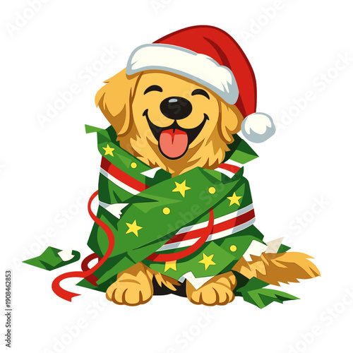 A minimalist vector graphic of a golden retriever wearing a Santa hat, accidentally wrapped in Christmas paper, depicts a joyful pup