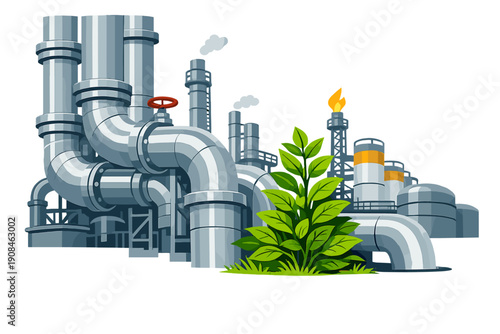 A verdant plant sprouting unexpectedly beside towering gas pipelines within a busy oil and gas facility, illustrating nature's coexistence with industry