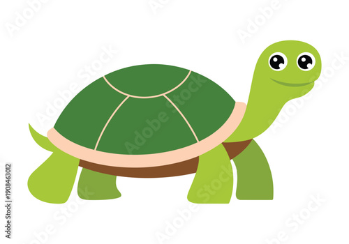 Cute green cartoon turtle with a happy face and a patterned shell walking sideways on a white background.