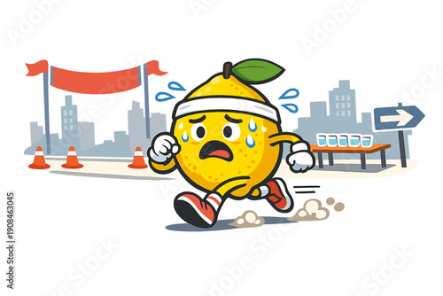 An anxious lemon sprinting through city streets unexpectedly enters a marathon race