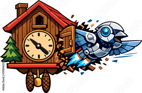 A lively depiction of a robotic bird suddenly appearing inside a classic cuckoo clock, merging past and future in a single frame