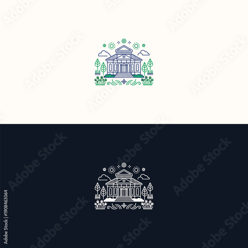 A charming illustration depicts a classical government building or academic institution surrounded by lush trees, clouds, and radiant sunbursts in a clean line art style.