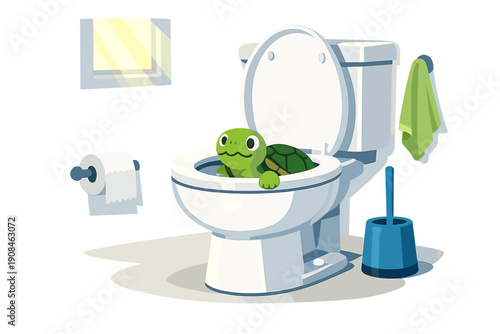 A turtle was unexpectedly discovered in a bathroom toilet lit by natural light
