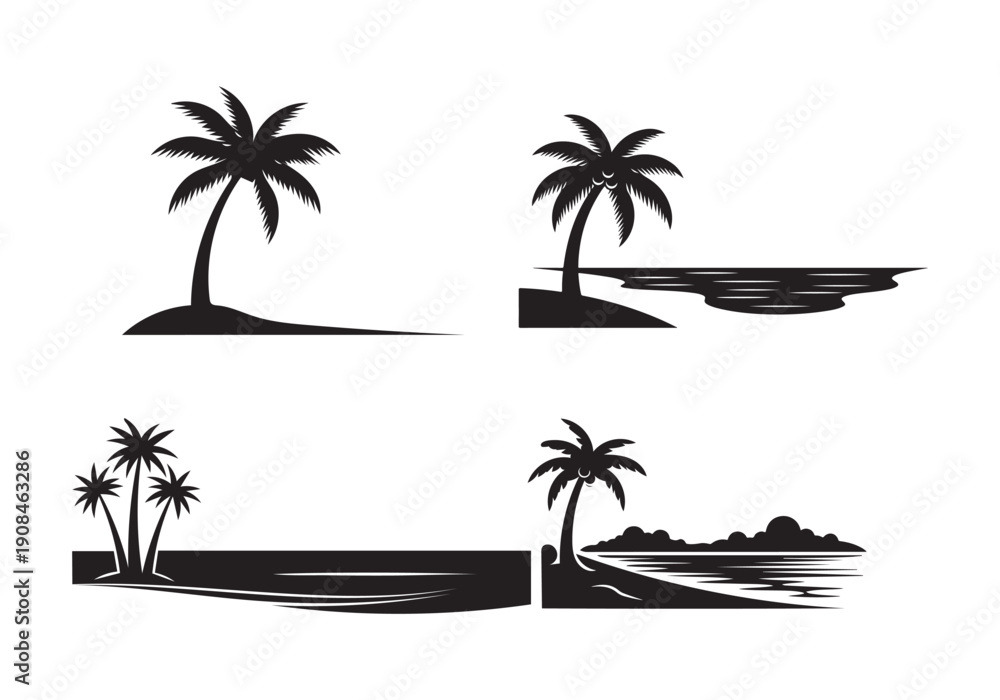 Fototapeta premium Palm tree silhouettes on islands with water and abstract elements, vector