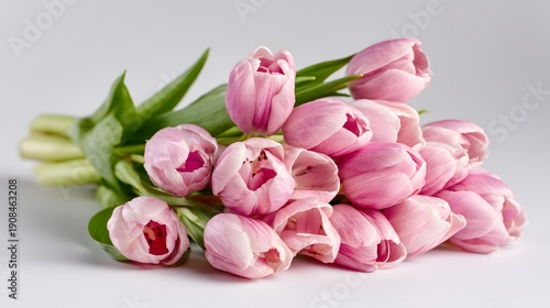 A Beautiful Bunch of Delicate Pink Tulips on a White Background.