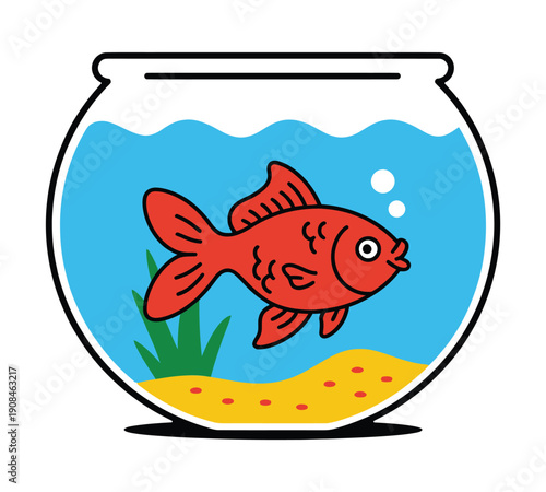 Cartoon illustration of a red goldfish swimming in a clear glass fishbowl with blue water, green plant, and orange gravel.