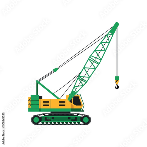 A green and yellow crawler crane stands stationary on a surface with its boom raised.