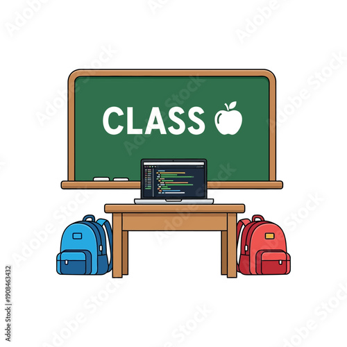 Classroom scene with laptop on desk and backpacks near green blackboard illustration