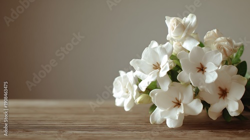 Delicate White Gardenia Blossoms on a Rustic Wooden Surface.