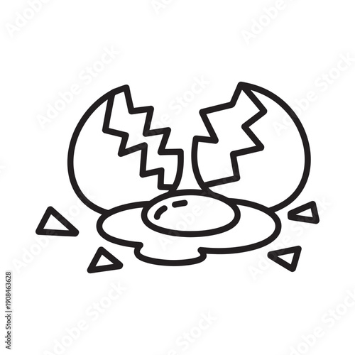 Broken eggshell with yolk depicted in a simple line art style