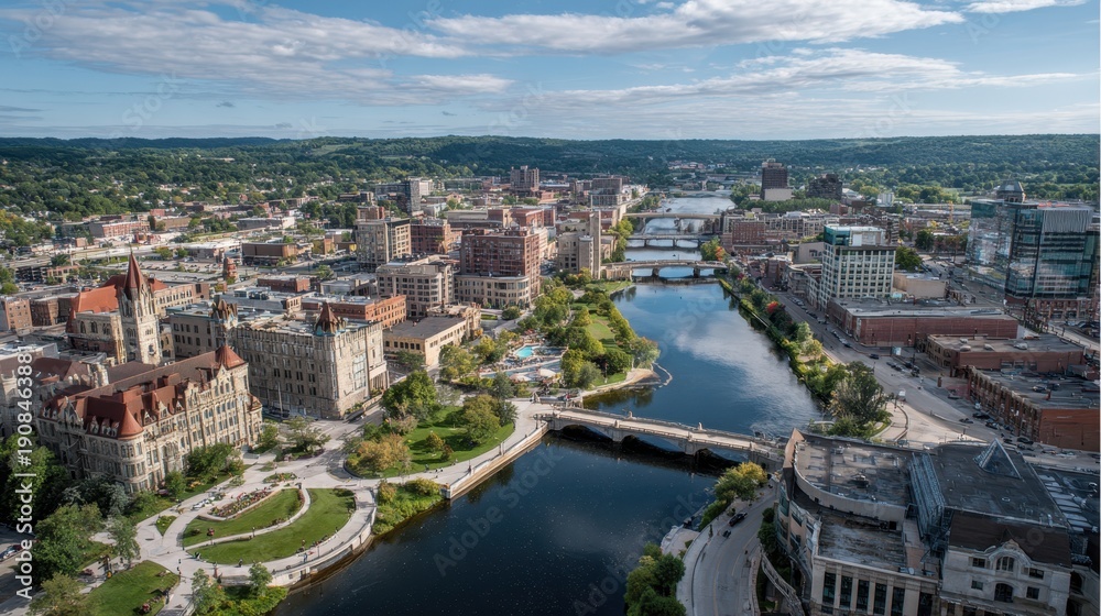 Fototapeta premium Minneapolis downtown skyline from aerial perspective, showing urban development along the mississippi river