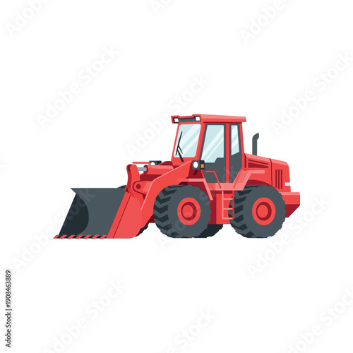 Red front end loader tractor illustration on white background from side view
