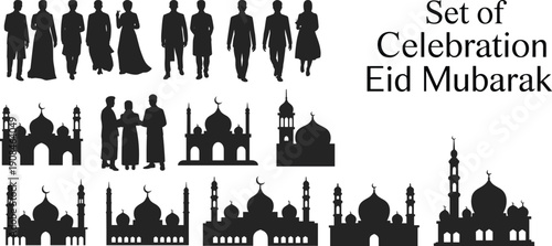 WebSet of Islamic architectural silhouettes featuring mosque domes, minarets, ornamental arches, and Muslim people silhouettes for Ramadan Kareem, Eid Mubarak, and Middle Eastern culture designs.