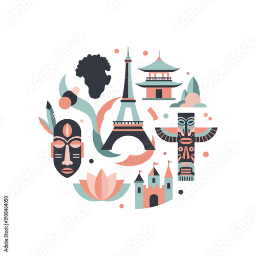 Vibrant illustration of global landmarks and cultural symbols in a circular pattern