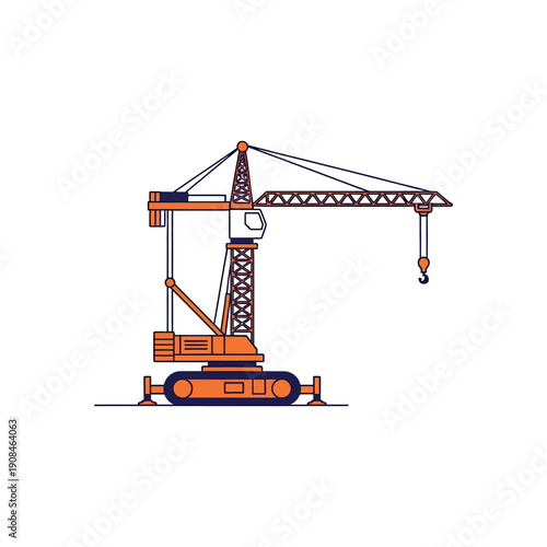Crane lifting heavy load at construction site, viewed from side, illustrated graphic.